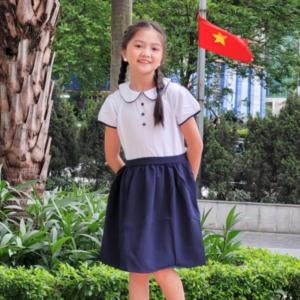 Đầm bé gái đi học cổ sen tay phồng đồng phục học sinh nữ