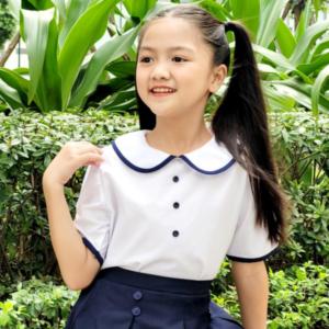 Áo sơ mi bé gái cổ lá sen phối viền đồng phục học sinh nữ