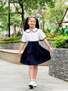Áo sơ mi bé gái cổ lá sen phối viền đồng phục học sinh nữ