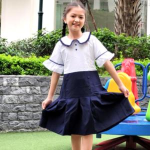 Đầm bé gái cổ sen nhún bèo đồng phục học sinh nữ