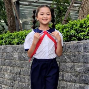 Áo sơ mi bé gái đi học phối xanh đồng phục học sinh nữ