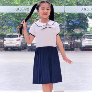Đầm bé gái đi học bé gái lụa dập li nơ cổ đồng phục học sinh nữ