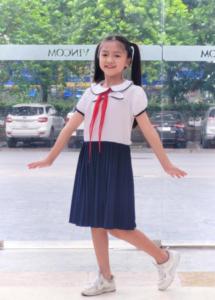 Đầm bé gái đi học bé gái lụa dập li nơ cổ đồng phục học sinh nữ