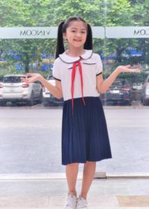 Đầm bé gái đi học bé gái lụa dập li nơ cổ đồng phục học sinh nữ