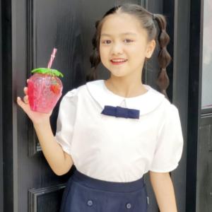 Áo sơ mi bé gái tay viền trắng kem đồng phục học sinh nữ