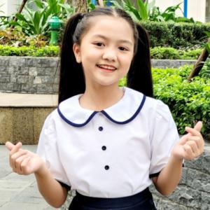 Áo sơ mi bé gái cổ lá sen phối viền 3 nút đồng phục học sinh nữ