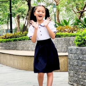 Áo sơ mi bé gái cổ lá sen phối viền 3 nút đồng phục học sinh nữ