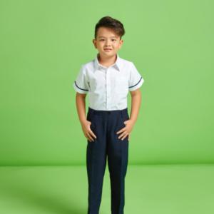 Áo sơ mi bé trai đi học túi bên viền tay đồng phục học sinh nam