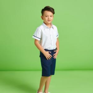 Áo sơ mi bé trai đi học túi bên viền tay đồng phục học sinh nam