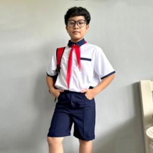 Áo sơ mi bé trai đi học phối xanh đồng phục học sinh nam